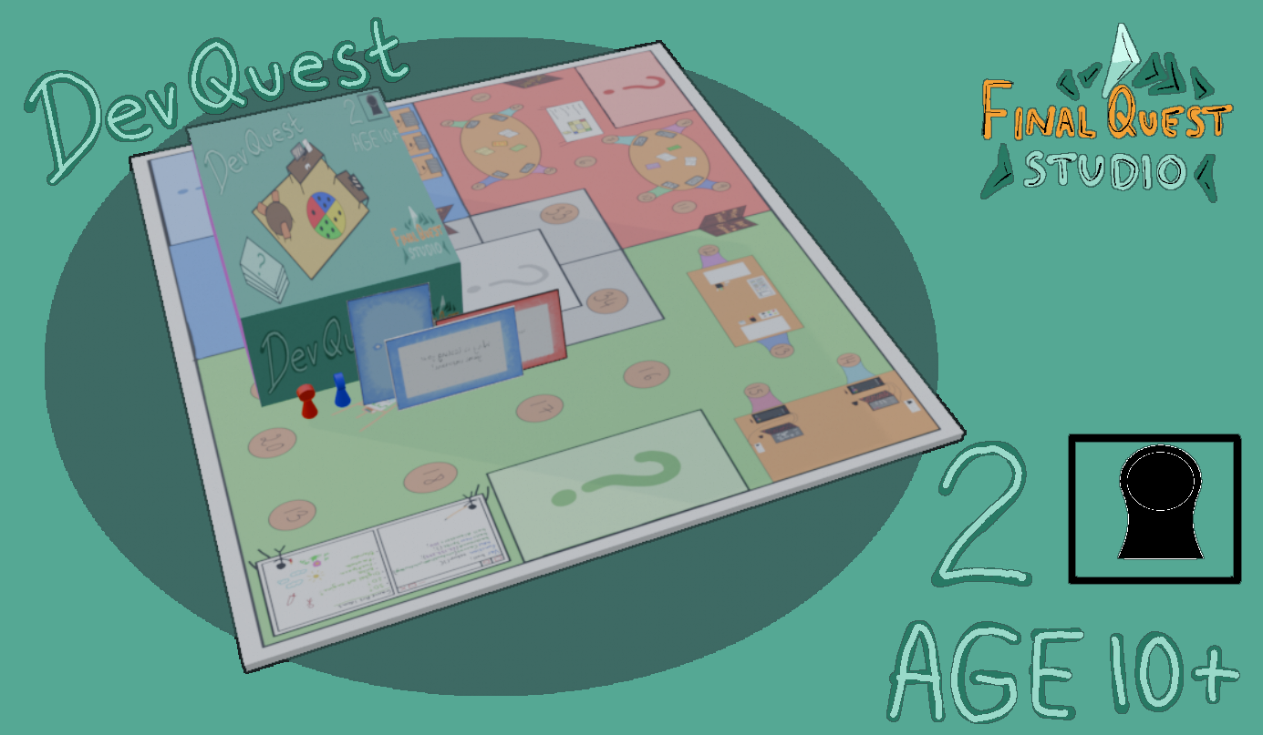 Image ID begins: Promotional art showing a board game called DevQuest. End ID.