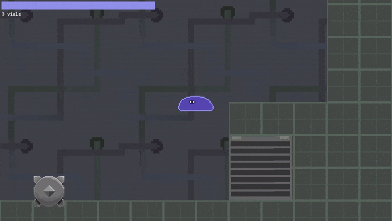 Image ID begins: A blob approaches a spiked ball that rests over a ledge. The blob collides with the spiked ball, taking damage and nudging the ball. The spiked ball falls off the ledge. End ID.