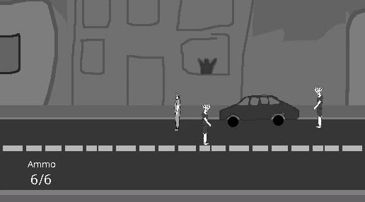 Image ID begins: A street with one cop facing off against two criminals, while a civilian watches. End ID.