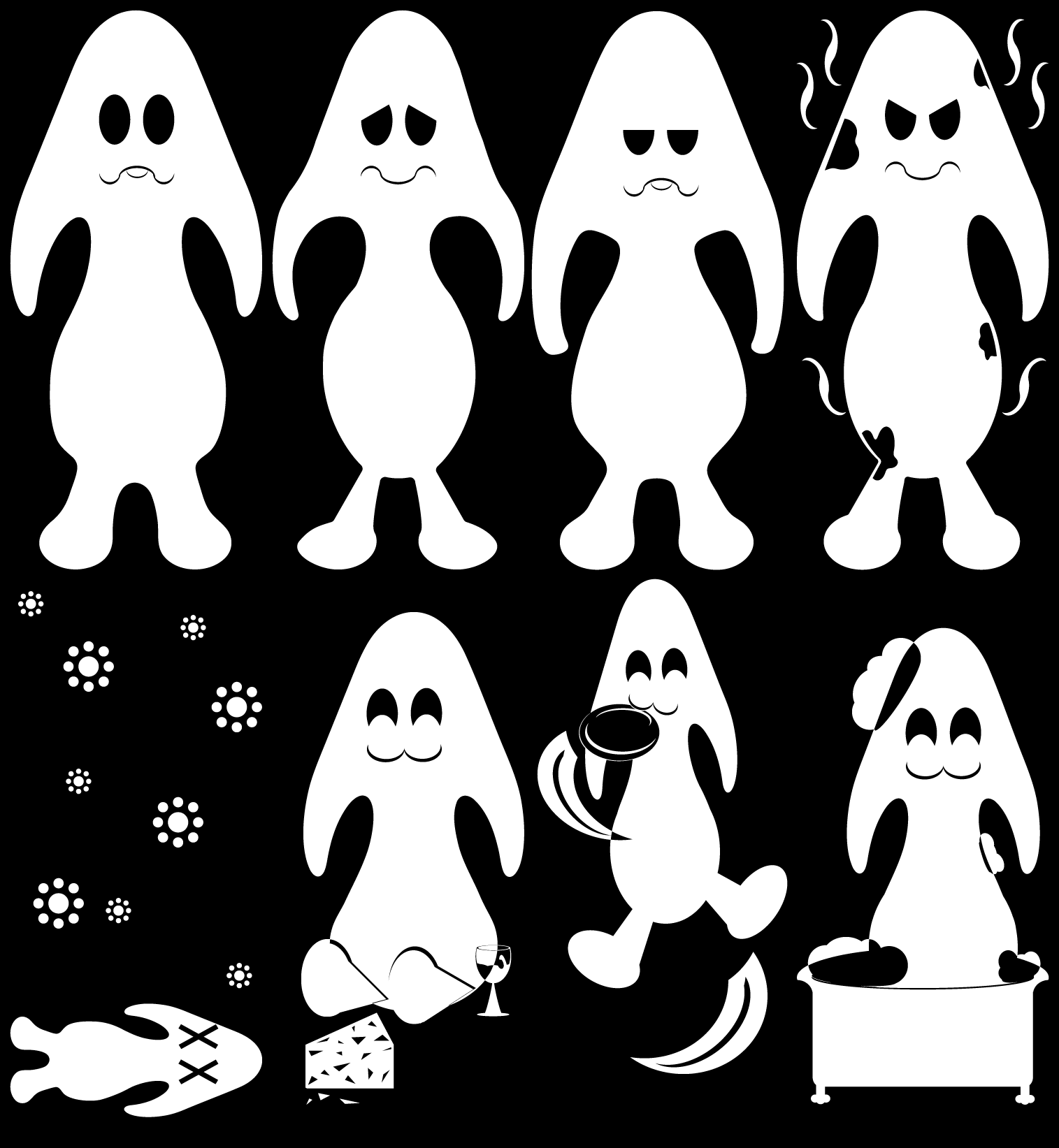 Image ID begins: A sprite sheet showing eight character states: alive, dead, hungry, fed, bored, playing, dirty, and cleaned. End ID.